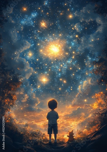 A young boy gazes at a starry sky with his teddy bear, lost in wonder.