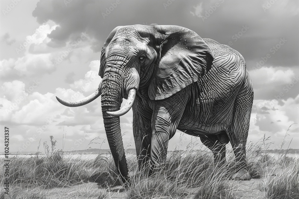 Fototapeta premium An elephant standing in the grass, its tusks curled up, depicted in black and white, Generative AI.