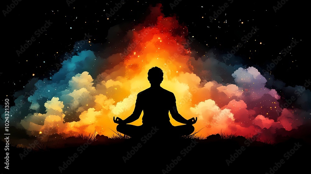A man with meditating positions on colorful clouds A man with meditating positions on colorful clouds