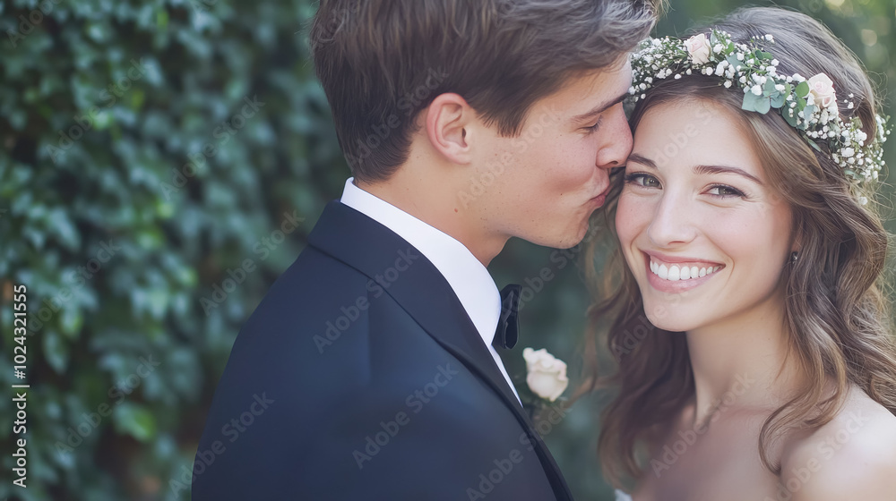 A serene and intimate portrait of a groom gently kissing his bride's forehead, conveying deep A serene and intimate portrait of a groom gently kissing his bride's forehead, conveying deep