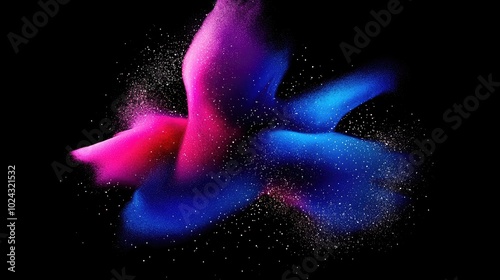 A vibrant explosion of color and light dances through the darkness, creating a mesmerizing display of swirling pink and blue hues interspersed with shimmering particles