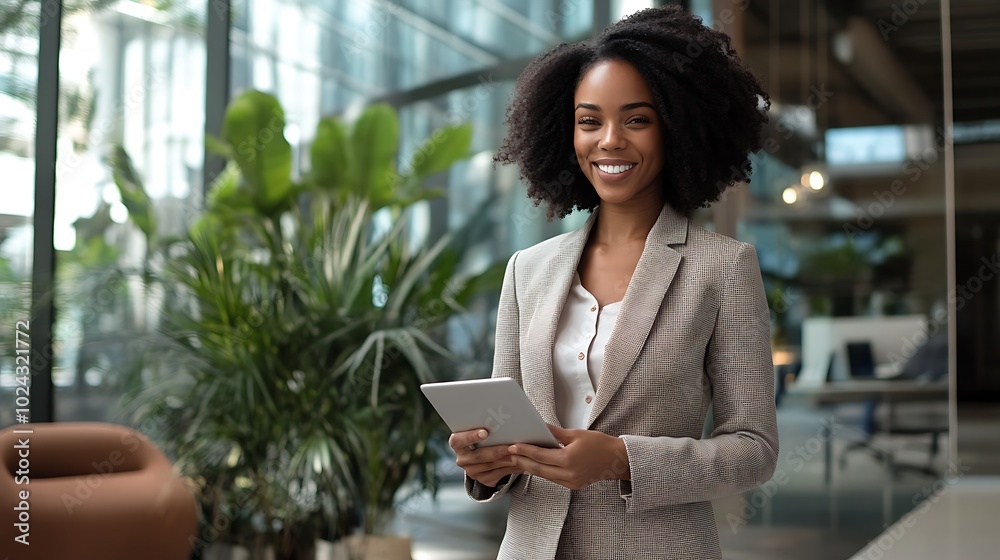 Smiling young African American businesswoman standing in suit in office and using tablet Smiling young African American businesswoman standing in suit in office and using tablet