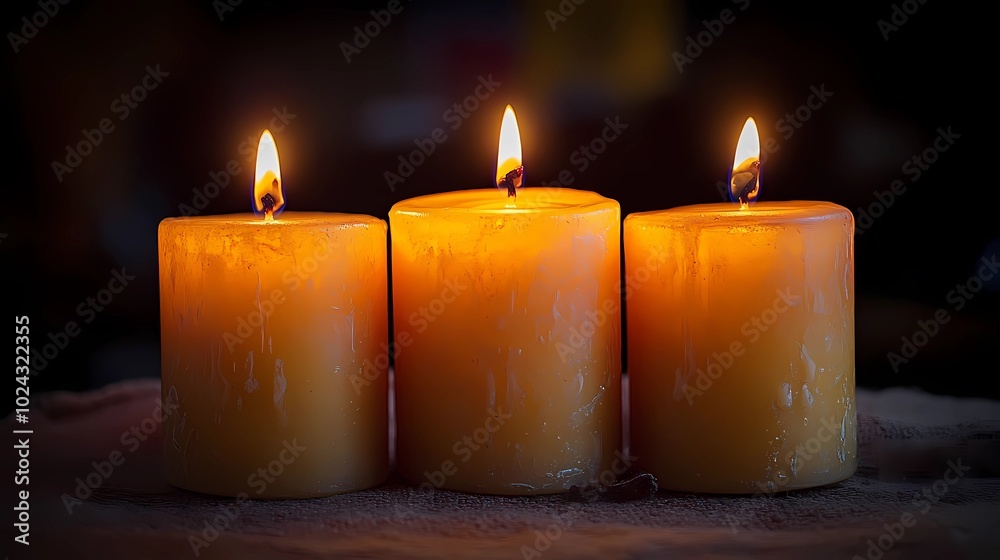 three burning candles on dark background three burning candles on dark background