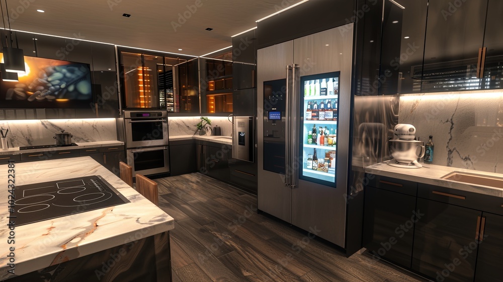 This high-tech kitchen features a touchscreen refrigerator displaying grocery lists and recipes alongside a voice-controlled oven. Generative AI This high-tech kitchen features a touchscreen refrigerator displaying grocery lists and recipes alongside a voice-controlled oven. Generative AI