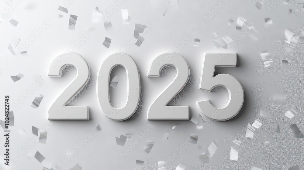 Happy new Year Silvester New Year, New Year's Eve 2025 party event celebration holiday greeting card template with text - White 3d year number, isolated on white gray table background Happy new Year Silvester New Year, New Year's Eve 2025 party event celebration holiday greeting card template with text - White 3d year number, isolated on white gray table background
