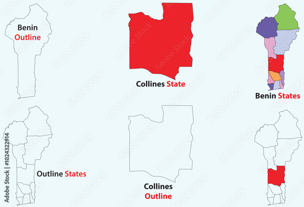 Collines map vector of Benin, Collines line map, Collines with city map, Collines outline map