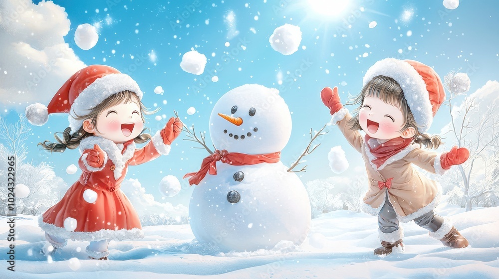 A cozy scene of children dressed in festive vintage attire with bows, building snowmen and playing with snowballs, rendered in a warm watercolor cartoon style A cozy scene of children dressed in festive vintage attire with bows, building snowmen and playing with snowballs, rendered in a warm watercolor cartoon style