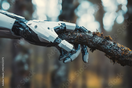 A sleek, futuristic robotic hand gently grasping a fragile tree branch, the sharp contrast between