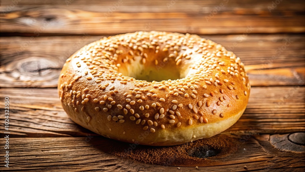 A freshly baked bagel with sesame seeds, resting on a rustic wooden surface, awaits its destiny. A freshly baked bagel with sesame seeds, resting on a rustic wooden surface, awaits its destiny.