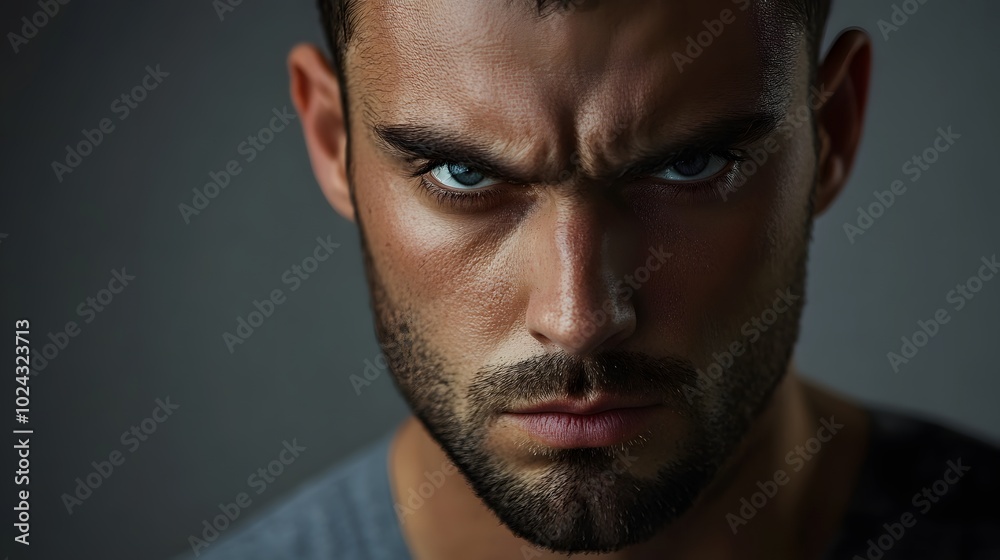 Fototapeta premium 78. A man with a serious look, mouth set in a firm line, against a soft gray backdrop.