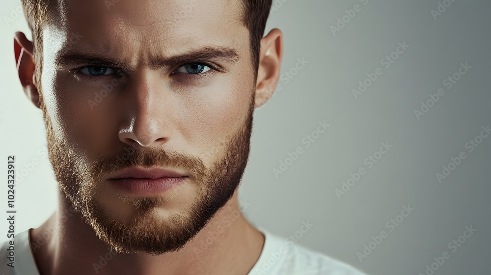 78. A man with a serious look, mouth set in a firm line, against a soft gray backdrop. 78. A man with a serious look, mouth set in a firm line, against a soft gray backdrop.
