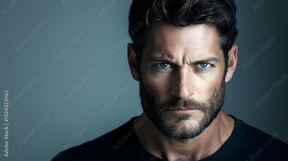 Fototapeta premium 78. A man with a serious look, mouth set in a firm line, against a soft gray backdrop.
