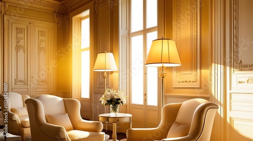 Luxurious sunlit room interior with chandelier, warm golden light creating a bokeh effect, evoking a sense of elegance. Concept of luxury, comfort, opulence, and classical design (12)