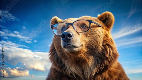 A Curious Bear Gazes Upward Through Spectacles, Its Fur Reflecting the Light of a Sky Filled with Wispy Clouds