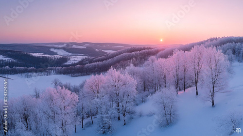 Winter solstice sunrise over snow-covered hills and frosty trees in a serene winter landscape