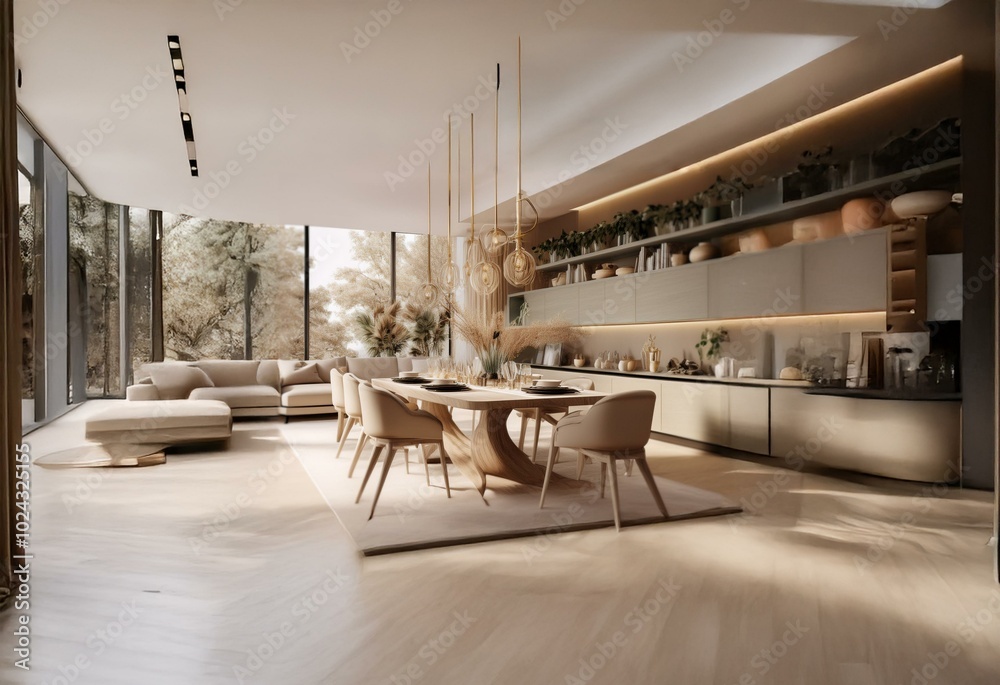 Modern dining room with a large window overlooking a garden, a wooden table, and chairs with a unique chandelier above. Modern dining room with a large window overlooking a garden, a wooden table, and chairs with a unique chandelier above.
