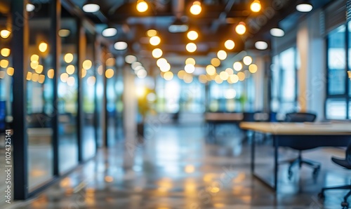 an open-plan office setting with a blurred appearance promote creativity and innovation in a contemporary workspace intended to foster teamwork, Generative AI.