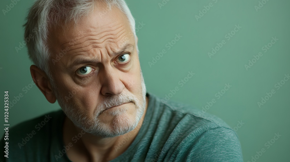 82. A middle-aged man with a puzzled look, furrowing his brow in confusion, against a soft green backdrop. 82. A middle-aged man with a puzzled look, furrowing his brow in confusion, against a soft green backdrop.