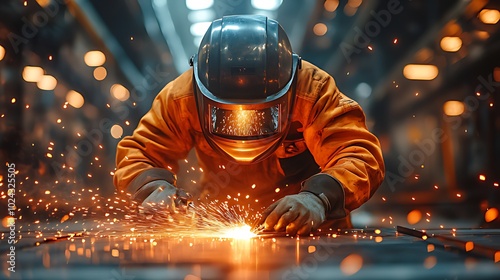 A welder in a factory works on a metal surface, sparks flying from his welding torch.