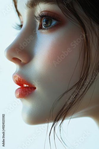 Half face of a manga-style woman, white background, hydrating lip balm with a glossy finish, rosy cheeks, angelic glow, simple and elegant composition.