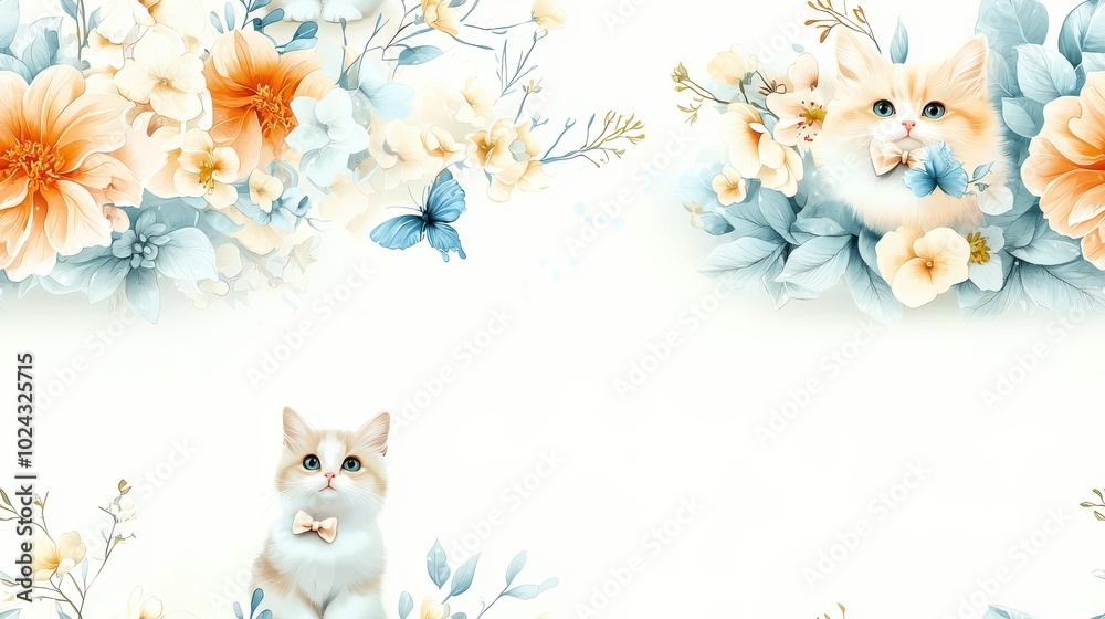 Seamless wallpaper design withInspired cats, adorned with soft bows, surrounded by delicate wildflowers in a vintage watercolor, warm cartoon setting Seamless wallpaper design withInspired cats, adorned with soft bows, surrounded by delicate wildflowers in a vintage watercolor, warm cartoon setting