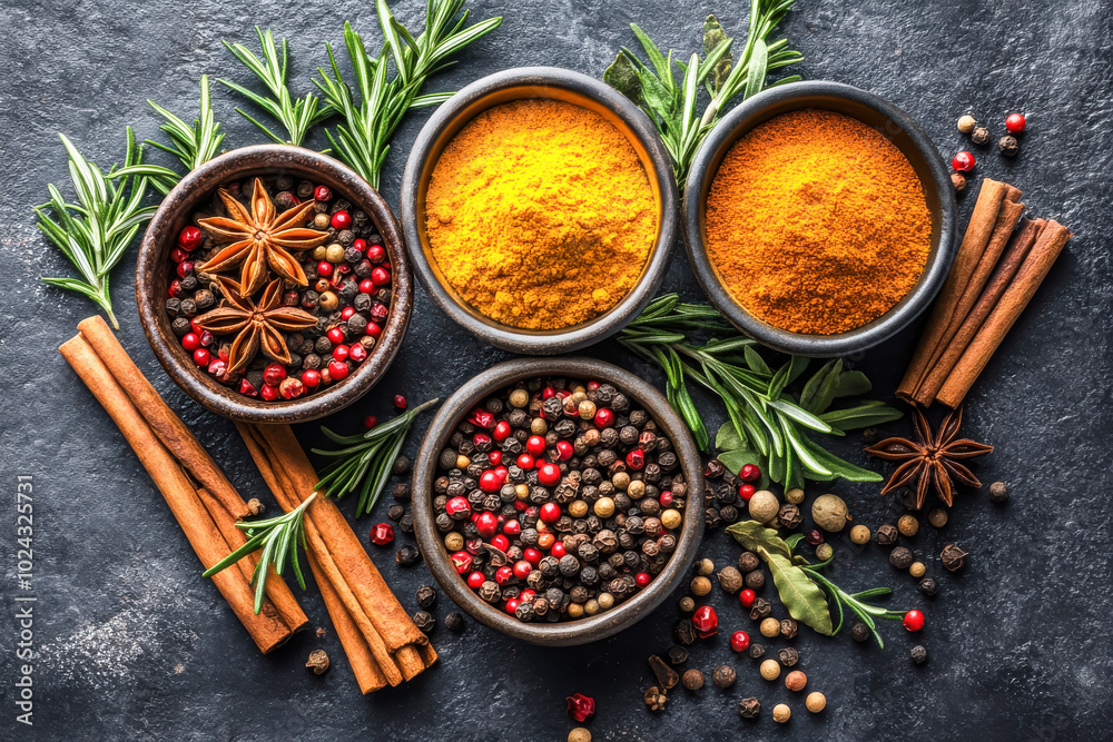 A top-down view of an assortment of aromatic spices and herbs, including cinnamon sticks A top-down view of an assortment of aromatic spices and herbs, including cinnamon sticks