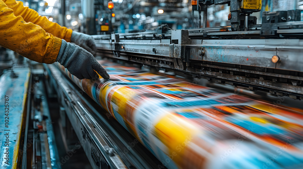 A dynamic photo of an industrial printing press in motion, showcasing the intricate machinery and technology involved in high-volume printing. The image captures the precision and efficiency of the pr A dynamic photo of an industrial printing press in motion, showcasing the intricate machinery and technology involved in high-volume printing. The image captures the precision and efficiency of the pr