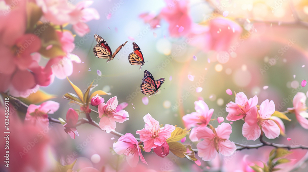 Macro View of Serene Spring Landscape with Blooming Pink Sakura and Fluttering Butterflies Macro View of Serene Spring Landscape with Blooming Pink Sakura and Fluttering Butterflies