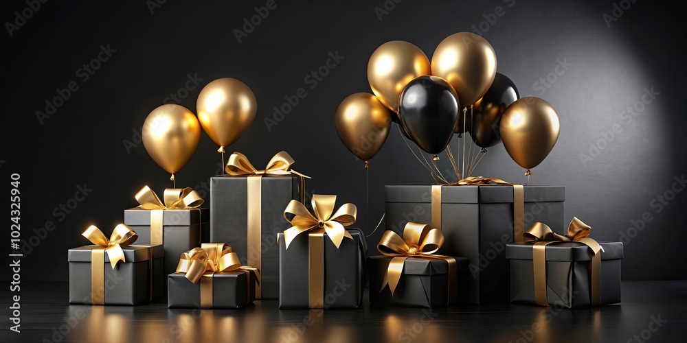 A Celebration of Gifts and Festivity with Black Boxes, Golden Bows, and Metallic Balloons A Celebration of Gifts and Festivity with Black Boxes, Golden Bows, and Metallic Balloons