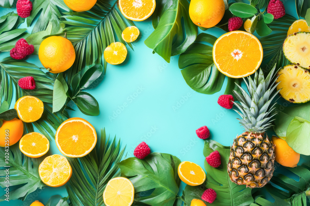 A vibrant and colorful arrangement of tropical fruits including pineapples, oranges A vibrant and colorful arrangement of tropical fruits including pineapples, oranges