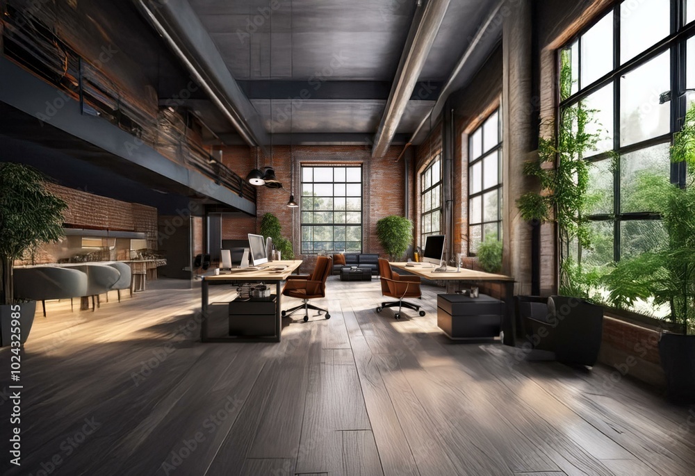 A modern loft office space with two desks, chairs, and computers. Windows provide a view of greenery. A modern loft office space with two desks, chairs, and computers. Windows provide a view of greenery.