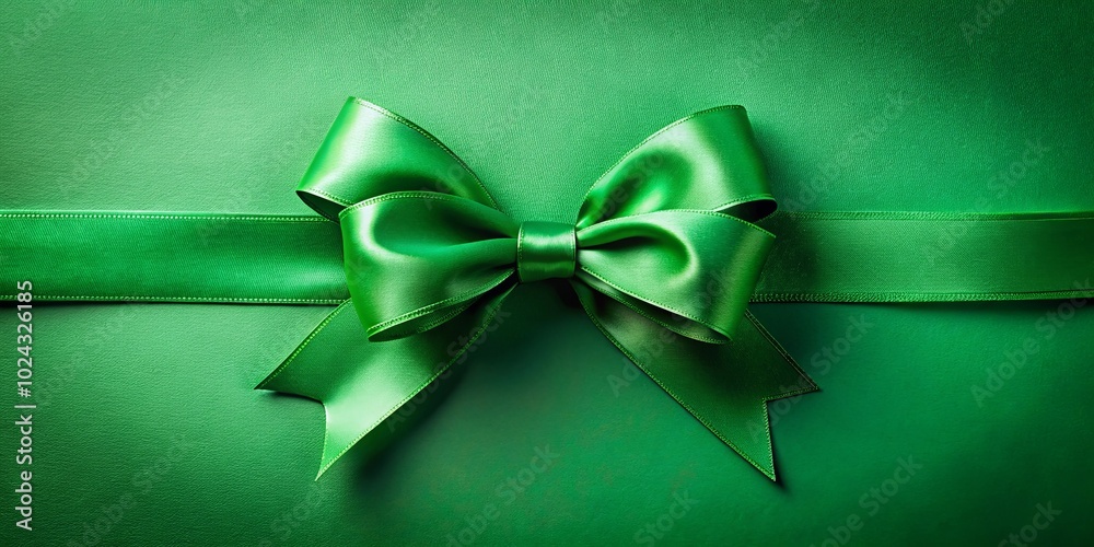 A vibrant green satin ribbon tied into a perfect bow, a symbol of elegance and festivity, adorns a rich emerald green background.
