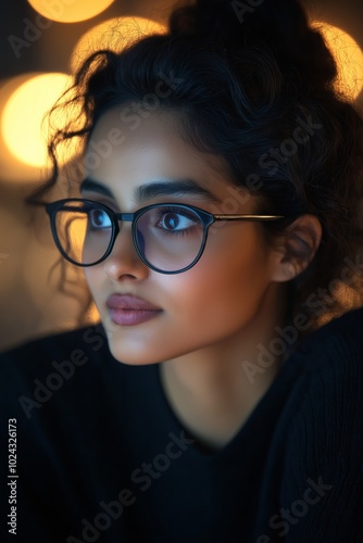 A woman with curly hair and glasses stares thoughtfully, with glowing lights softly behind her