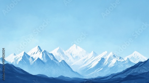 Serene Watercolor Landscape: Snow-Capped Mountains in Cool Tones under Clear Blue Sky