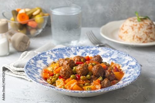 A type of meatball from traditional Turkish cuisine made with potatoes, peas, carrots and minced meat. It is known as farm meatballs. Turkish name; Ciftlik kofte