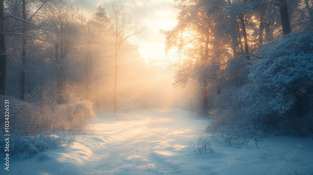 Ethereal winter solstice morning in a serene, snowy forest with soft golden light Ethereal winter solstice morning in a serene, snowy forest with soft golden light