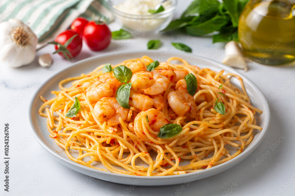 Closeup of delicious shrimp spaghetti with tomato sauce and parsley, italian cuisine