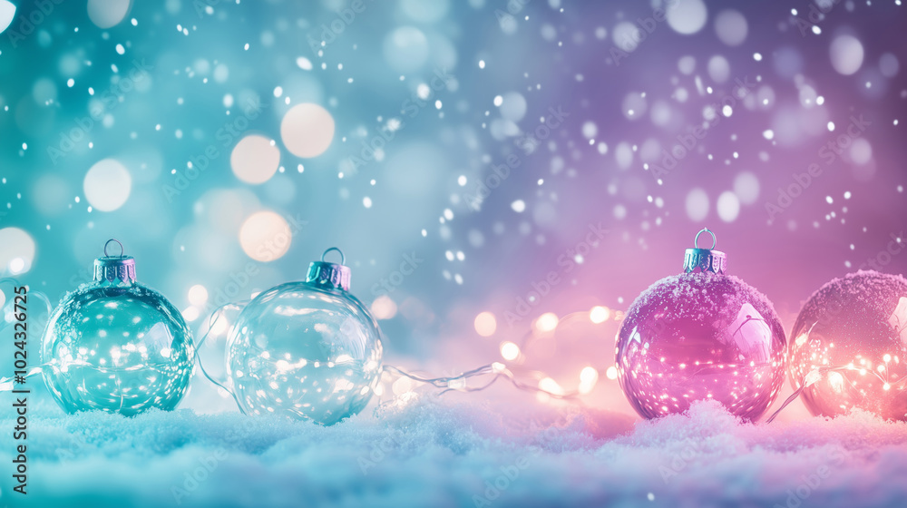 Frosty winter night scene, soft snowflakes falling against a deep teal and purple gradient sky. Glowing fairy lights in pastel pink and mint green, illuminating glass ornaments Frosty winter night scene, soft snowflakes falling against a deep teal and purple gradient sky. Glowing fairy lights in pastel pink and mint green, illuminating glass ornaments