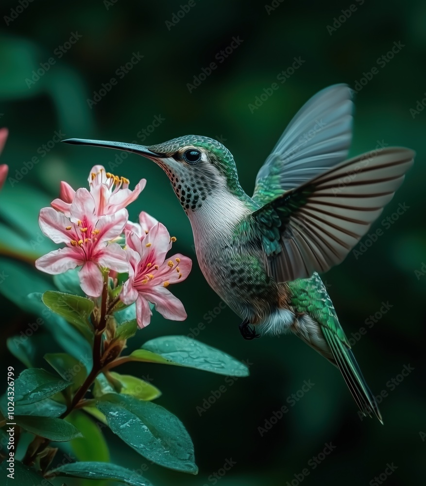 Fototapeta premium Hummingbird hovering near pink azalea flowers in lush greenery