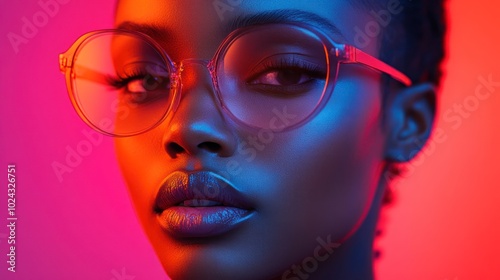 Close-up portrait of a young woman wearing clear round glasses, illuminated by blue and red light.