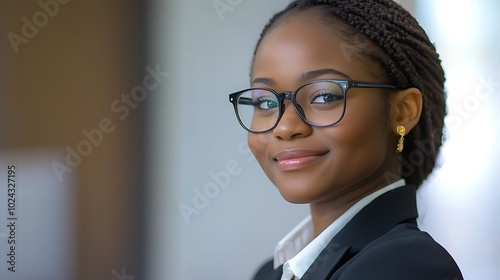  Close-up photo of a young African-American woman in a business suit and glasses in the office, looking to the side with a smile 