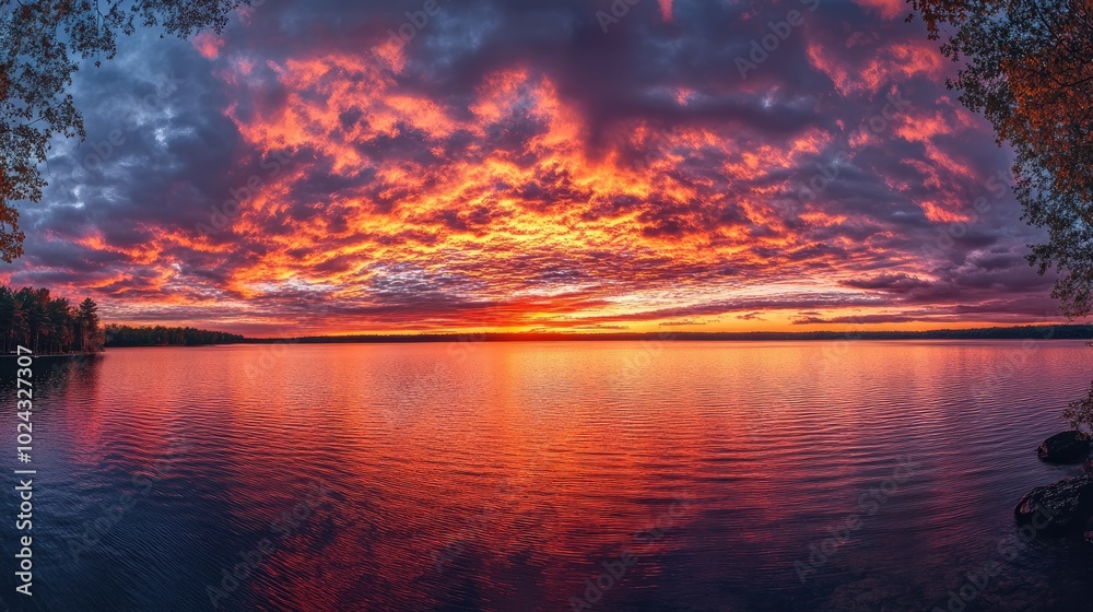 A breathtaking sunset over a wide lake, the sky ablaze with colors, with soft ripples forming on the water's surface. A breathtaking sunset over a wide lake, the sky ablaze with colors, with soft ripples forming on the water's surface.