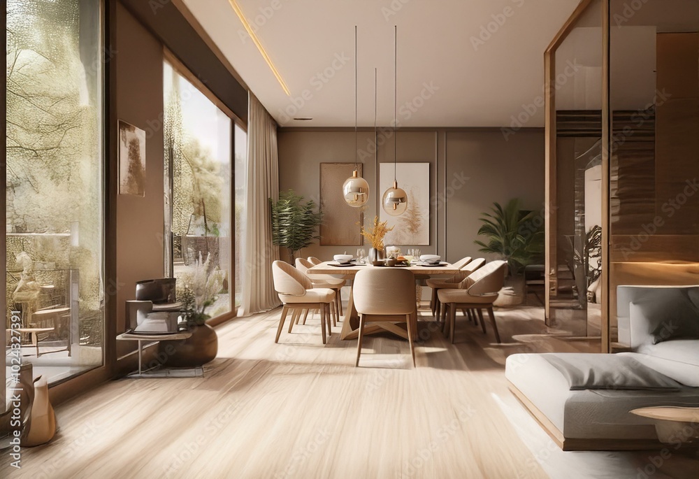 Fototapeta premium A modern dining room with wooden floors, large windows, and a sleek, minimalist design.