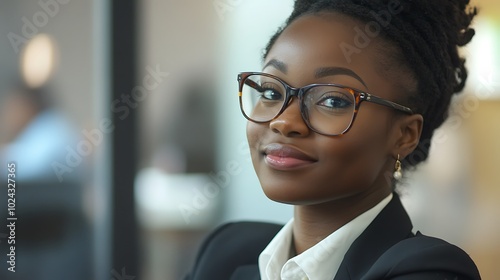  Close-up photo of a young African-American woman in a business suit and glasses in the office, looking to the side with a smile 