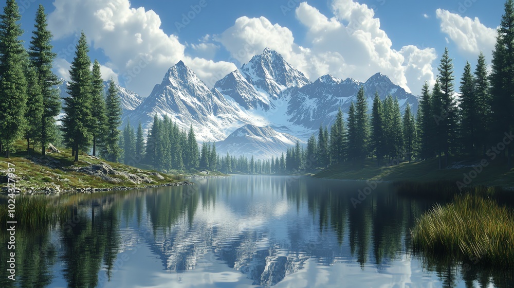 A serene mountain lake reflecting the majestic snow-capped peaks. A serene mountain lake reflecting the majestic snow-capped peaks.