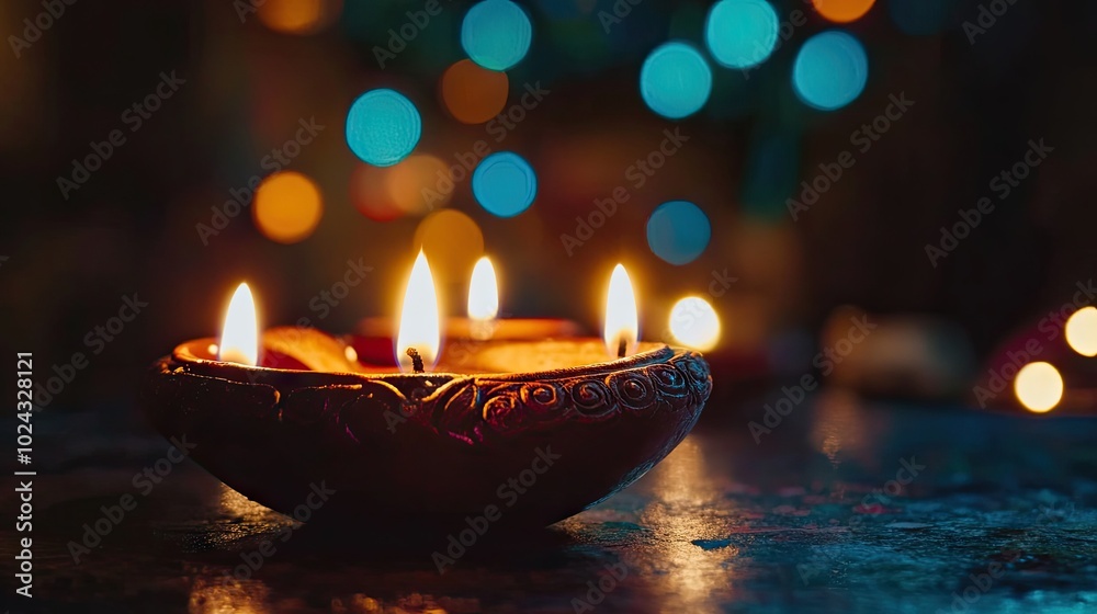 A close-up of beautifully lit traditional Diwali candles, glowing warmly on a dark background, symbolizing the festival of lights A close-up of beautifully lit traditional Diwali candles, glowing warmly on a dark background, symbolizing the festival of lights
