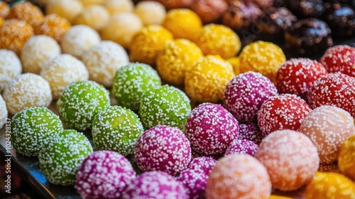 A close-up of colorful Diwali sweets like ladoos and barfis, capturing the flavors of the festival.