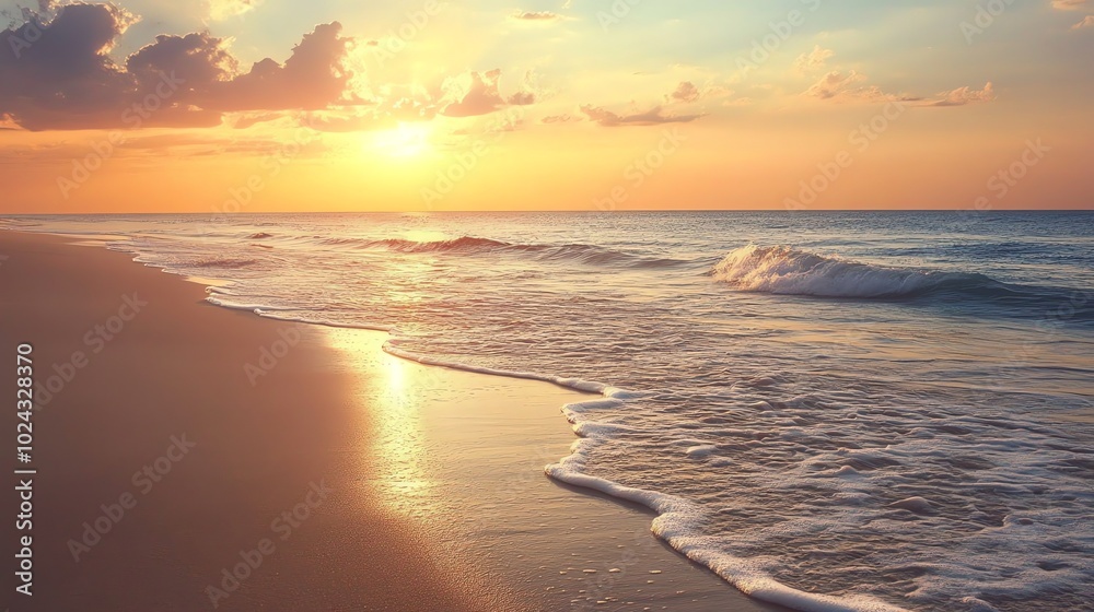 Tranquil beach scene with waves lapping on the shore at sunset. Tranquil beach scene with waves lapping on the shore at sunset.