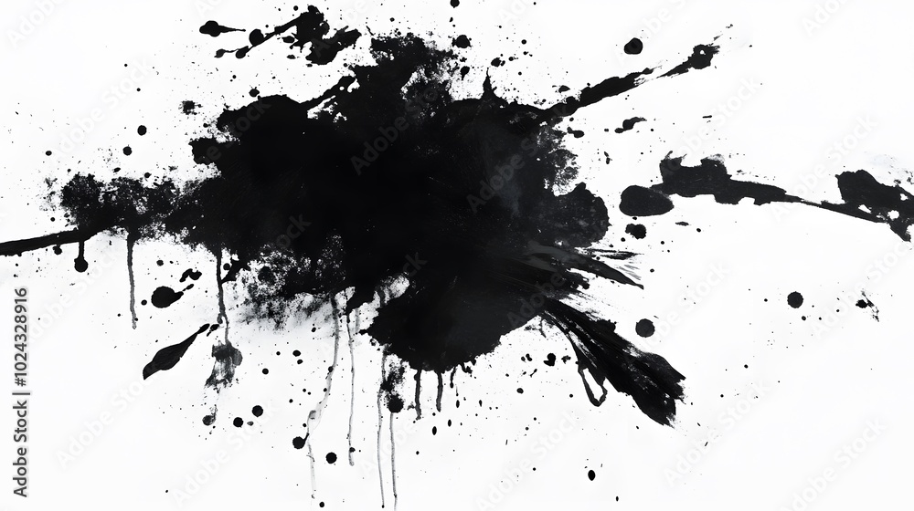 Black Ink Splashes and Drips on a White Background Black Ink Splashes and Drips on a White Background