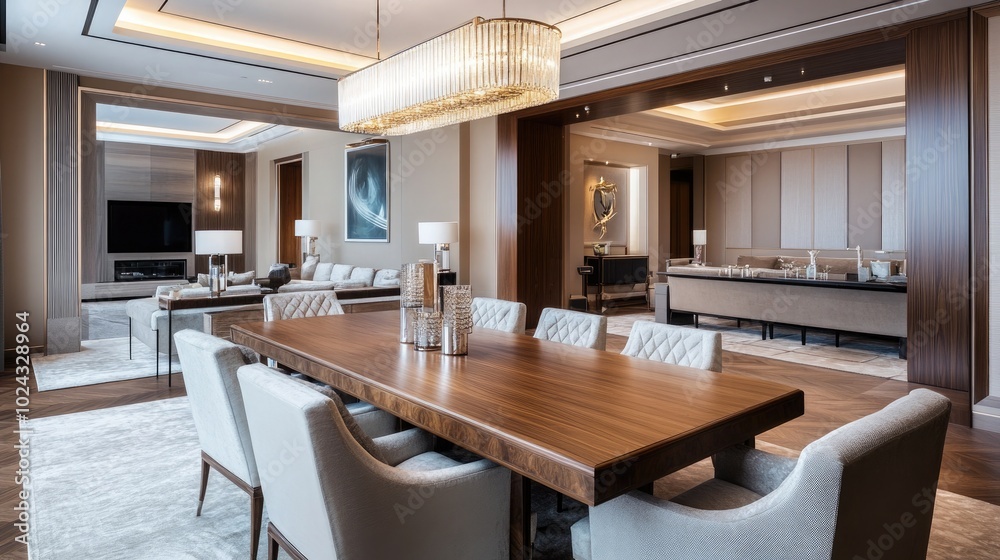A luxurious modern dining room with a large wooden table A luxurious modern dining room with a large wooden table